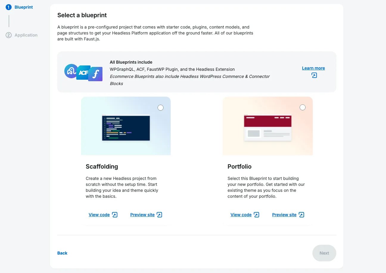 A list of prebuilt Blueprint options to choose from