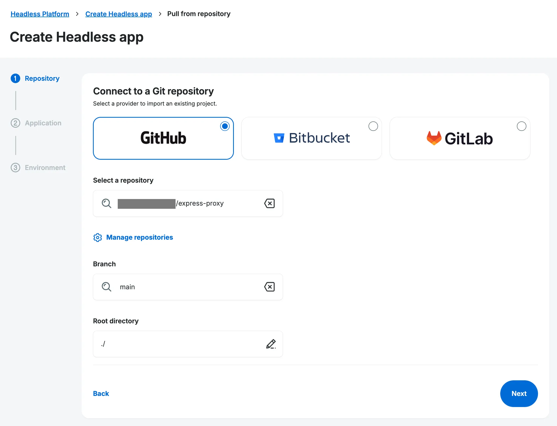 Create App From Repo - Step 1